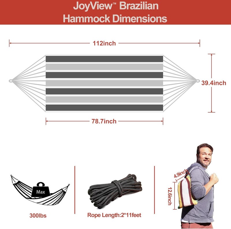 JoyView Brazilian Hammock for Single Preson Portable Hammock with Hanging Ropes & Carry Bag Large 78.8x39.4” for Patio 300LBS Capacity Perfect for Outdoor/Indoor - Grey Stripe - Image 2